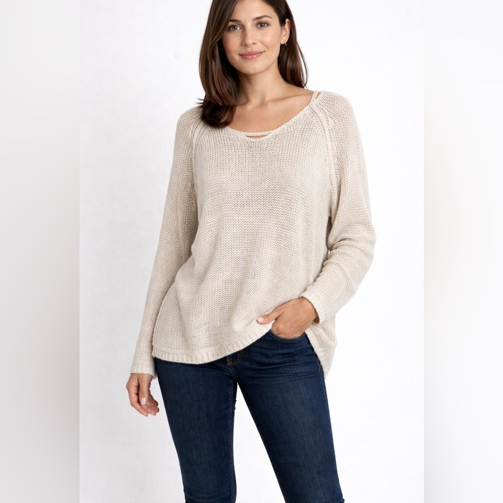 Free People Lightweight Open-Knit V-Neck Sweater in Light Beige